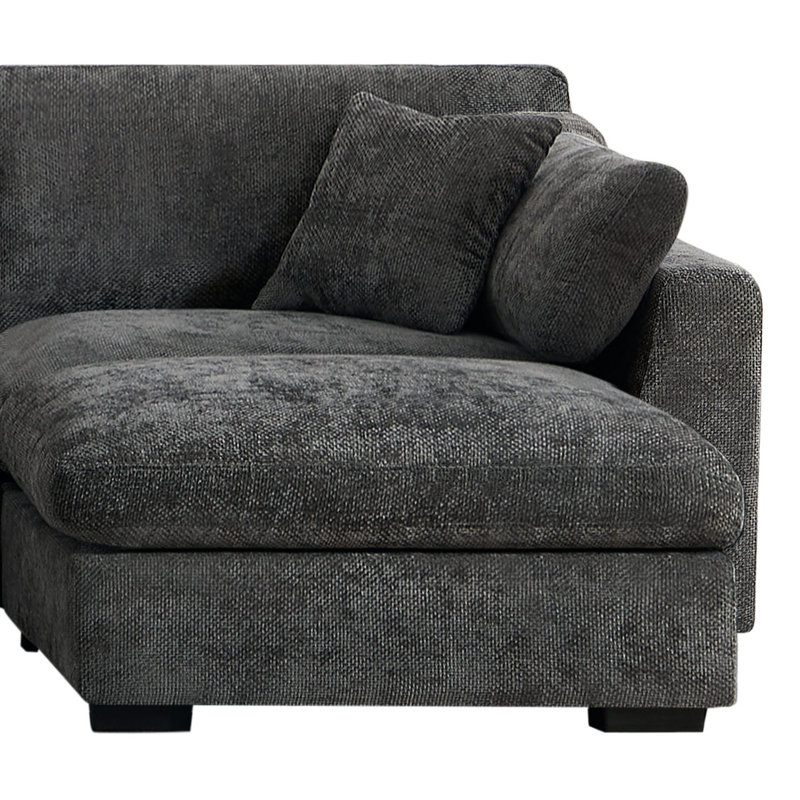 Aariketh 130.87”Wide Upholstered Loose Back Modular Sectional Sofa with Large Ottoman, Dark Grey Polyester