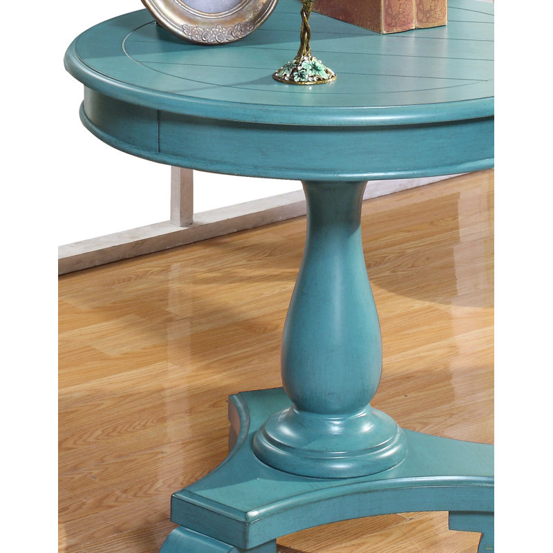 Rene Round Wood Pedestal Side Table, White, Blue