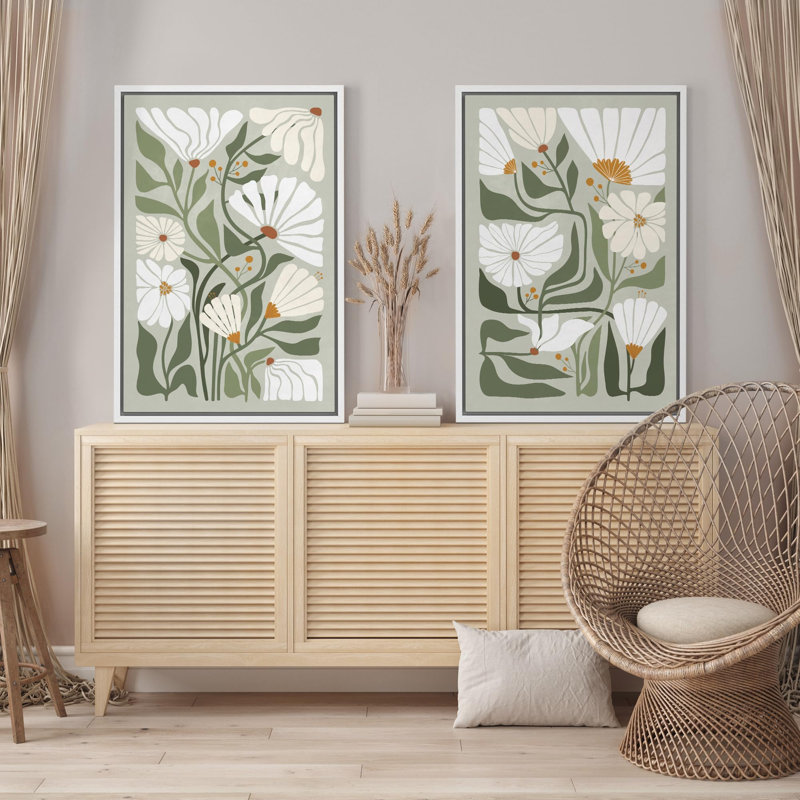 Plant Abstraction " Abstract Floral Contemporary Botanical Modern Art Wall Decor Artwork Nordic Nature " 2 - Pieces, White