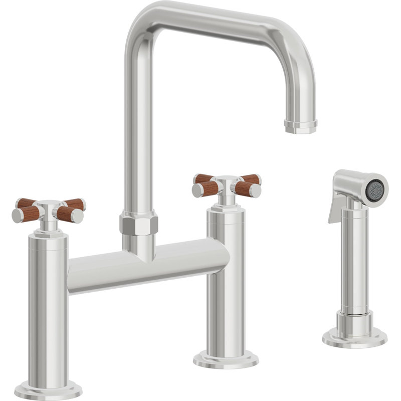 Bridge Kitchen Faucet - Quad Spout, Polished Chrome, With Side Spray, Teak Cross Handle