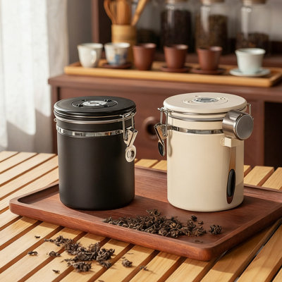 2-Pack 22oz Stainless Steel Airtight Coffee Canister, 304 Stainless Steel Food Storage Container with Date Tracker and Measuring Scoop for Coffee Beans, Tea, Sugar, Cereal - Matte Black & Beige