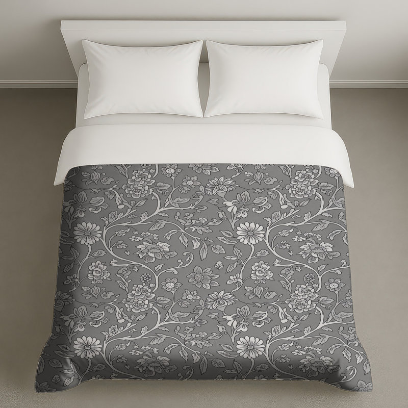 Housses de couette à motif floral gris, Lit simple