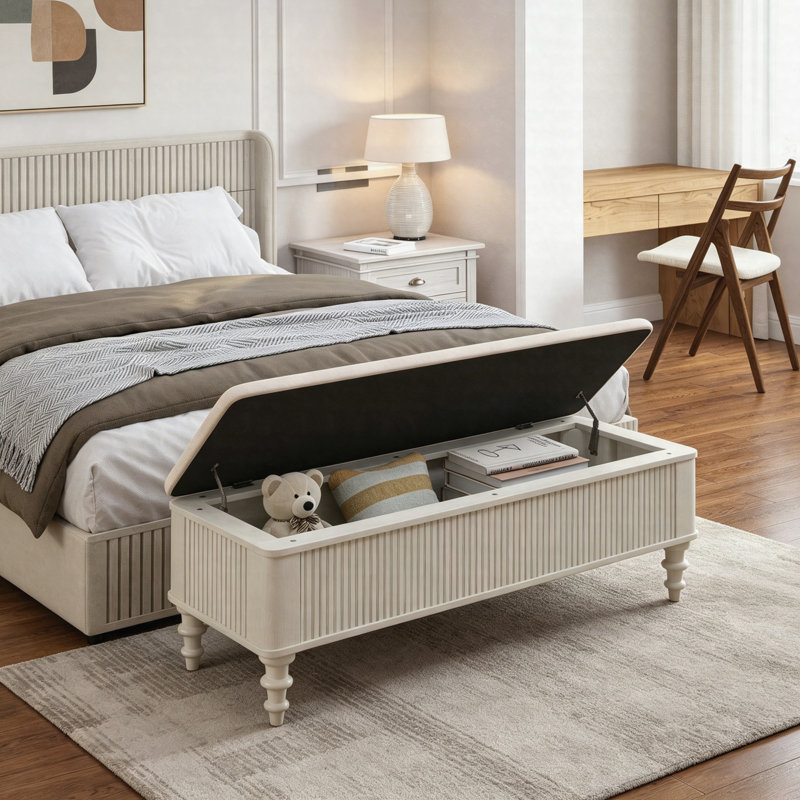 Banc de rangement avec repose-pieds en lin et structure en bois d'hévéa, Beige