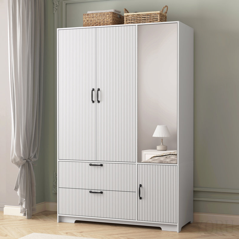 Armoire 4 portes avec miroir, armoire à DEL avec portes et 2 tiroirs, armoire de rangement en bois avec tringle, tablettes réglables, blanc