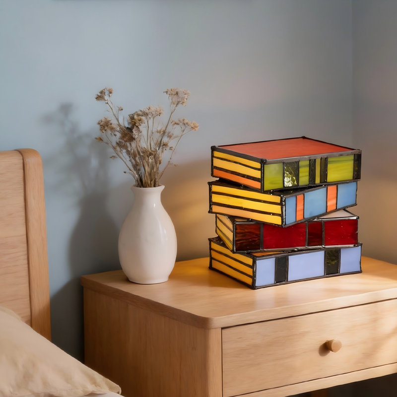 6.7" Tiffany Style Stacked Books Stained Glass Table Lamp (Bulb Included) For Bedroom Nightstand Living Room Study Library