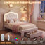 Cassie PU Leather Princess Bed With LED Light Strip, Crown Design & Storage Drawer-908384932