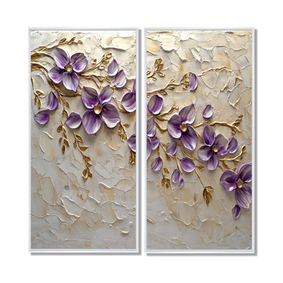 Purple Lilac Golden Flowers Melody I - Floral Lilacs Art Prints On Canvas 2 Pieces