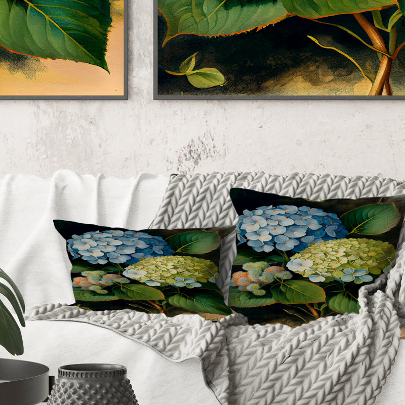Blue Retro Hydrangea IV - Floral Printed Throw Pillow