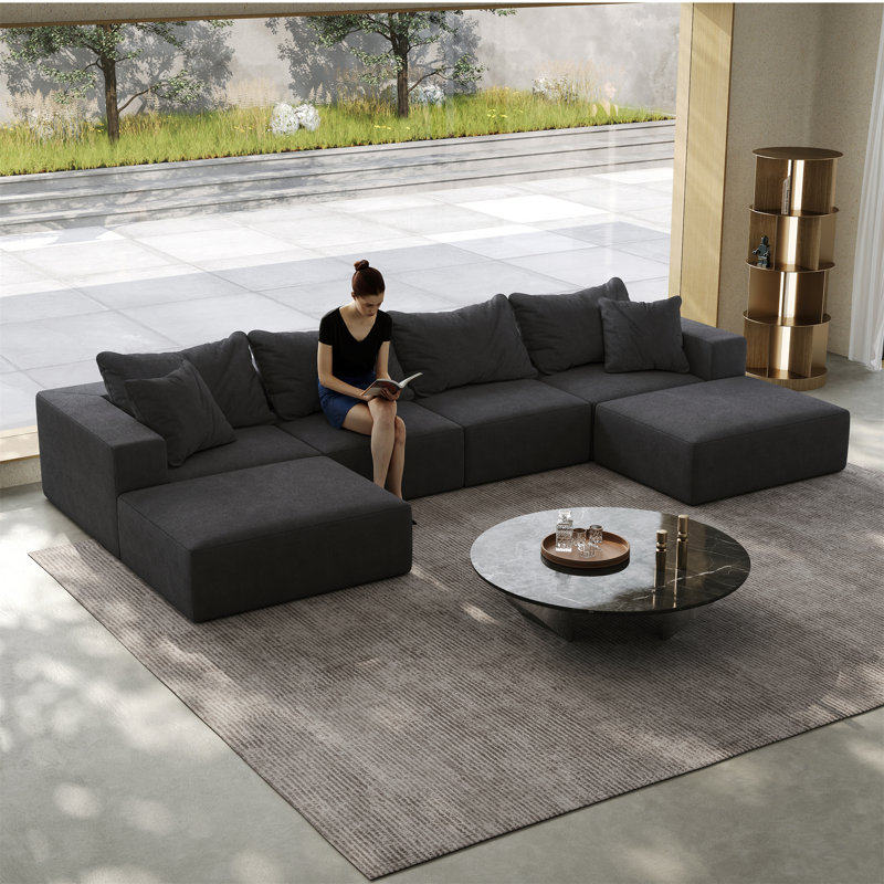 Ciriaca Boneless L Shaped Chenille Upholstered Sectional Sofa with 6 Pillows, Gray Chenille