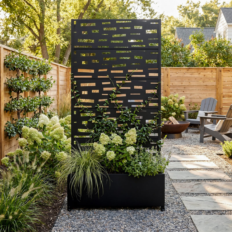 Boîte à fleurs en métal avec treillis et roues, H 72 po x l 35 po x P 16 po, Noir