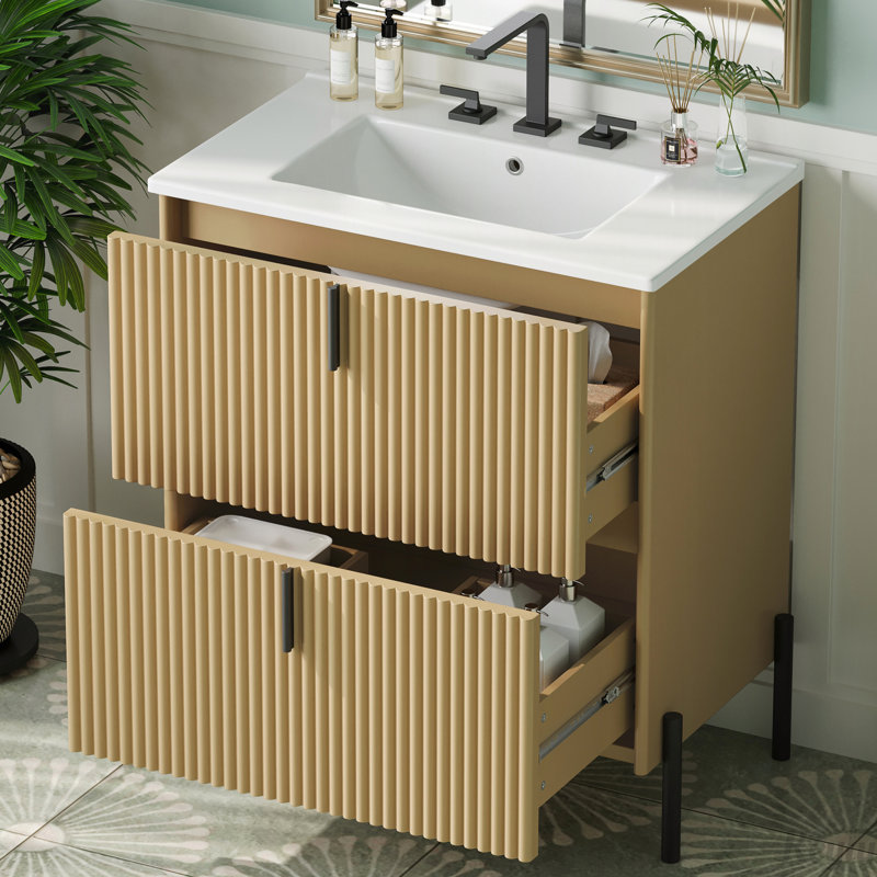 Meuble-lavabo 30 po avec lavabo en céramique, glissières de tiroir à fermeture en douceur, Naturel