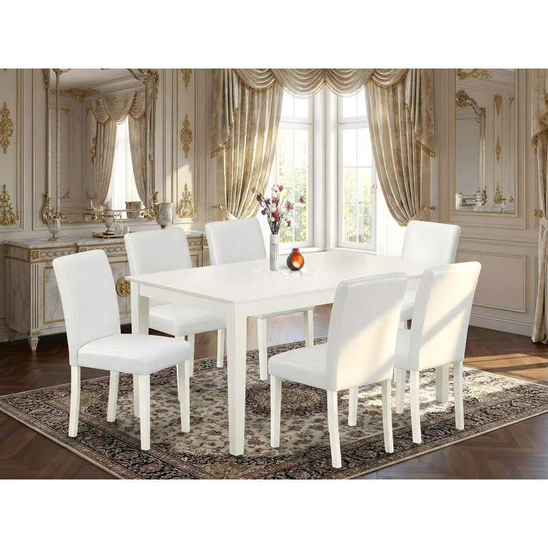 7 Piece Kitchen Table & Chairs Set Consist of a Rectangle Dining Room Table and 6 White Faux Leather Parsons Dining Chairs, 36x60 Inch, Linen White