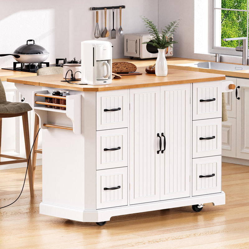 Kitchen Island With Drop Leaf, Rubber Wood Veneer, Power Outlet, And Rolling Cart With Drawers And Shelves, White | Gift Idea
