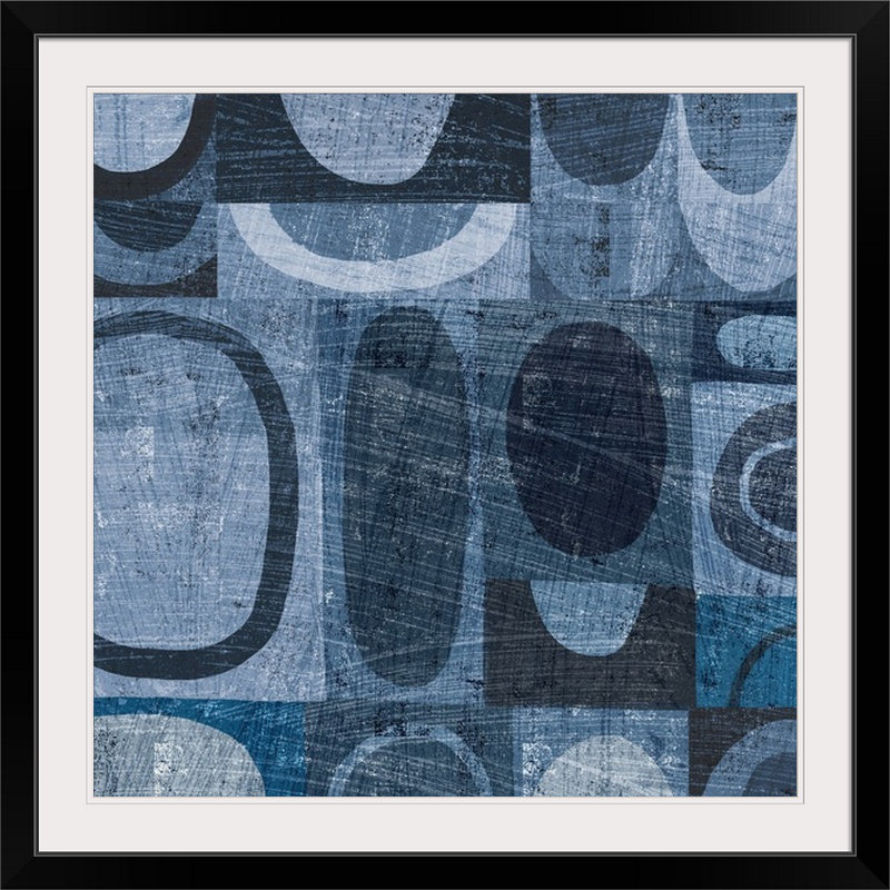 «Modern Geometric Indigo and Navy I» par Michael Mullan, impression, Cadre blanc, H 38 po x l 38 po x P 1 po