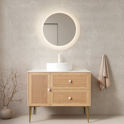 Meuble-lavabo de salle de bain avec lavabo, armoire de rangement autoportante, plusieurs tiroirs et porte, pré-assemblé pour une installation facile