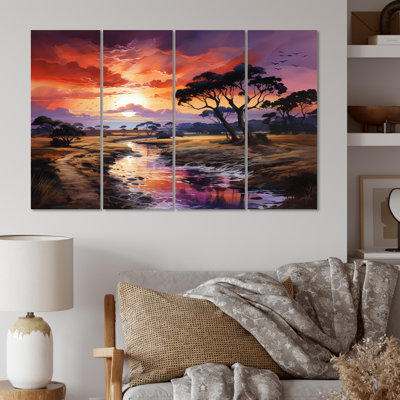 Coucher de soleil africain Serengeti - art mural africain, salon - 4 panneaux
