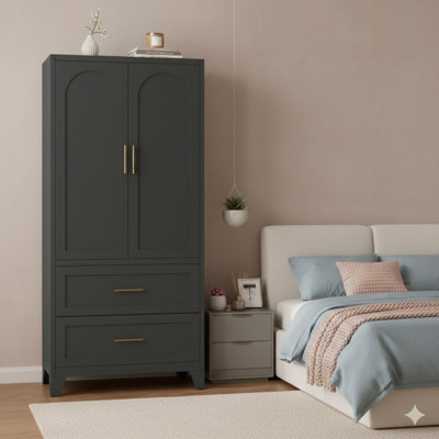 71" Tall Metal Wardrobe Cabinet With 2 Drawers And Hanging Rod, 2 Doors Wardrobe Closet With Shelf For Bedroom, Office, Laundry Room,Entryway ,Foyer,Guesthouse (Black)