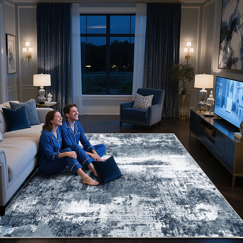 8x10 Low Pile Carpet, Washable Low Pile Area Rugs for Living Room, Blue Modern Abstract Rugs for Bedroom Dining Room Table Home Decor Use, Large Tumble Rug for High Traffic Area, Non Slip