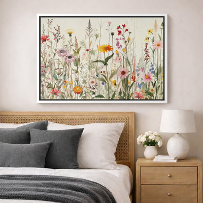 «Vibrant Wildflower», «Bright Daisy Floral Field Images, Spring French Country Living Room Artwork», impression sur toile encadrée