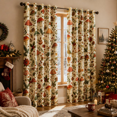 2Pcs Mushroom Forest Pattern Curtains, Whimsical Woodland Botanical Print, Artistic Fantasy Nature Scene, Eyelet Top for Living Room Bedroom Decoration for Home Dector