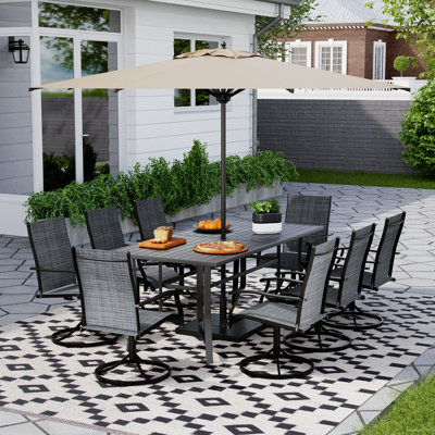 9 Piece Patio Dining Set, Outdoor Dining Table And Chairs Set For 8, 8 Swivel Chairs, 1 Iron Rectangular Table With Adjustable Umbrella Hole, Patio Furniture Set For Deck, Backyard, Lawn, Poolside, Brown/gray/blue