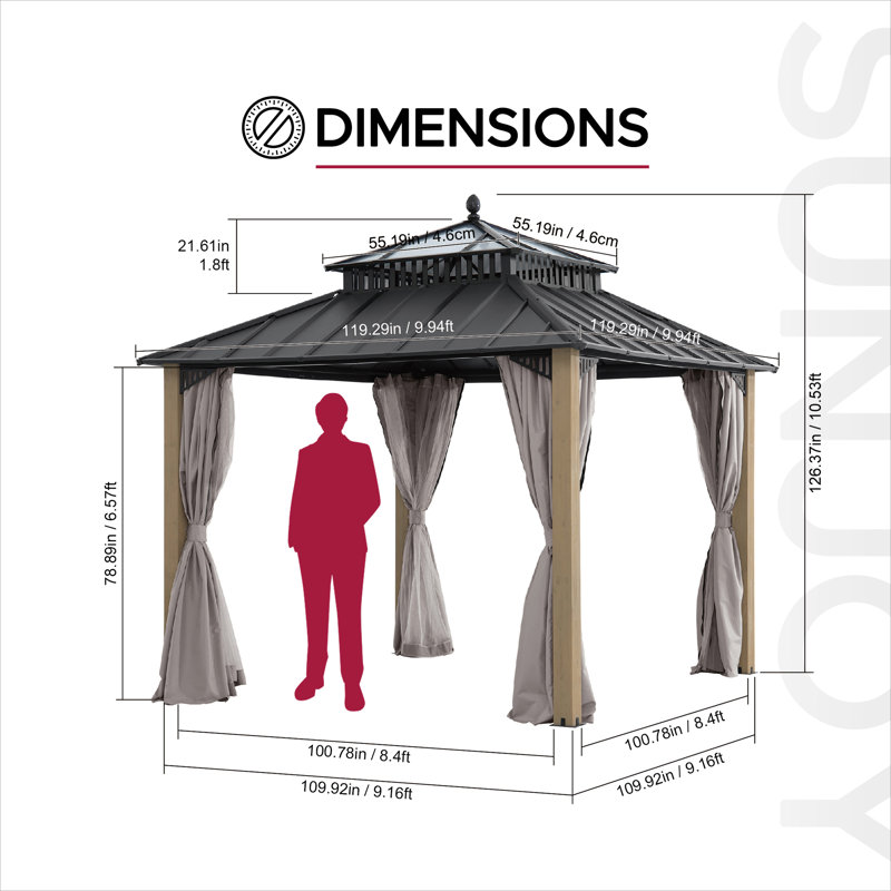 SUNJOY Kingston 10x10 Gazebo|Steel & PC Roof Hardtop Gazebo with Curtain and Netting - Cedar Posts, 10x10