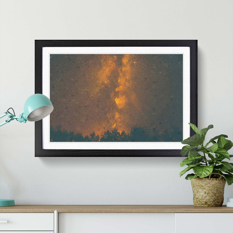 Flaming Stars over the Forest in Abstract - Picture Frame Graphic Art Print, 27cm H x 36cm W x 2cm D, Black Framed