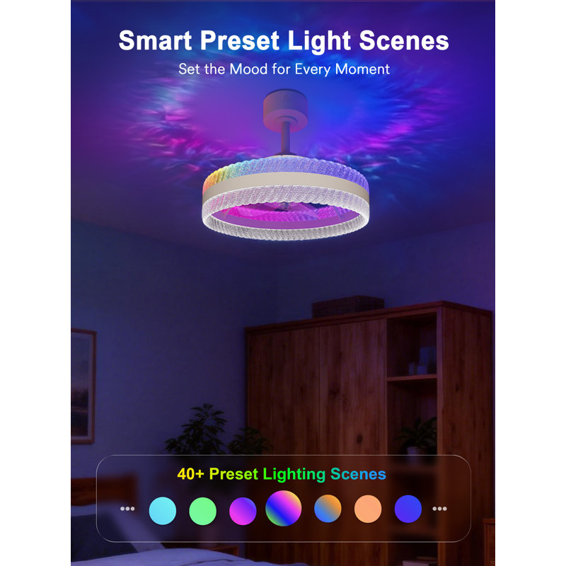Lumary 20" Smart Ceiling Fan with Light, RGBAI Rainbow Flow Lighting with Feather Projection, Flush Mount/Downrod for Low Profile or High Ceilings, Modern Bladeless Fan Light for Bedroom