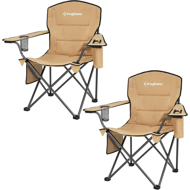  Padded Folding Chair with Cupholder, Cooler, and Pocket, Khaki (2 Pack)