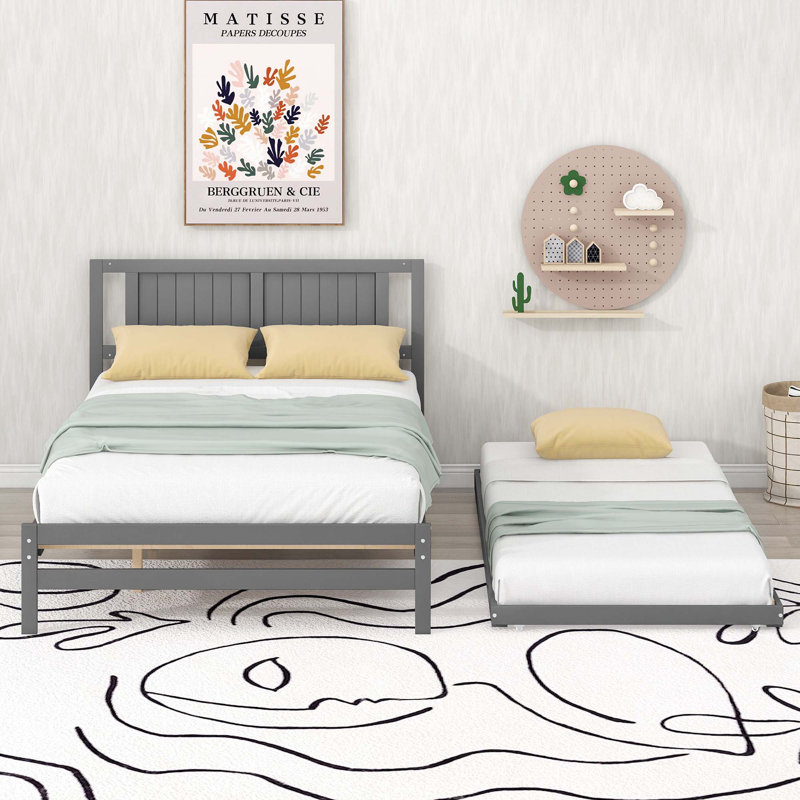 Lit plateforme double avec lit gigogne réglable, Gris