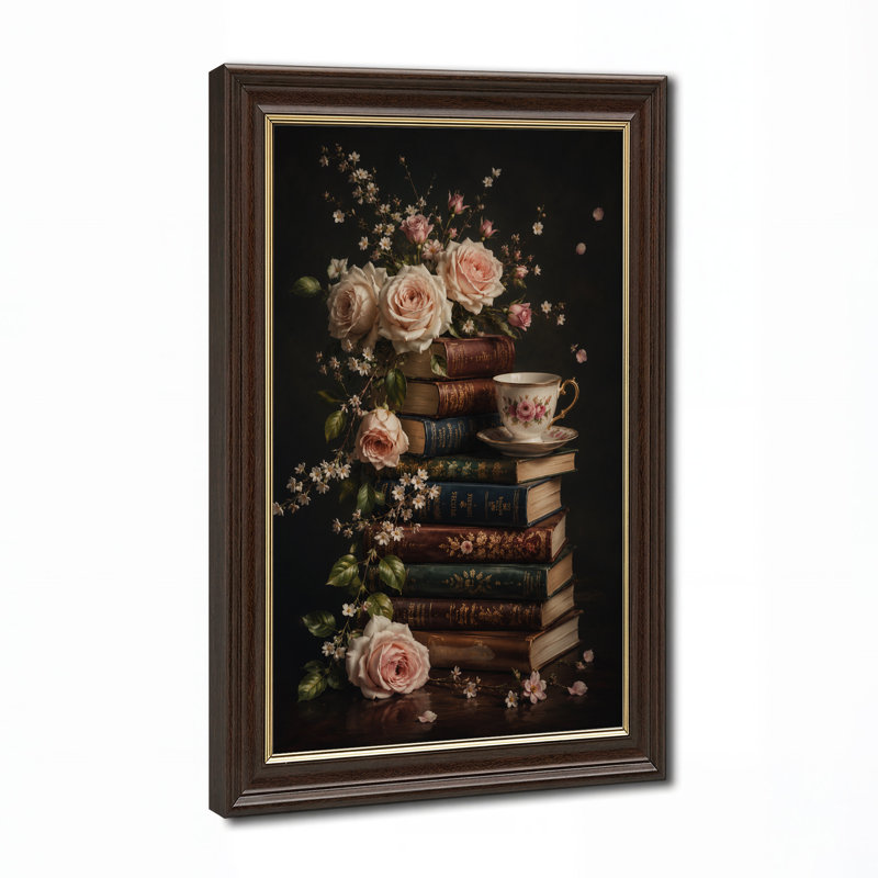Art mural sur toile, roses roses et fleurs blanches sur une pile d'Halloween rétro, H 18 po x l 12 po