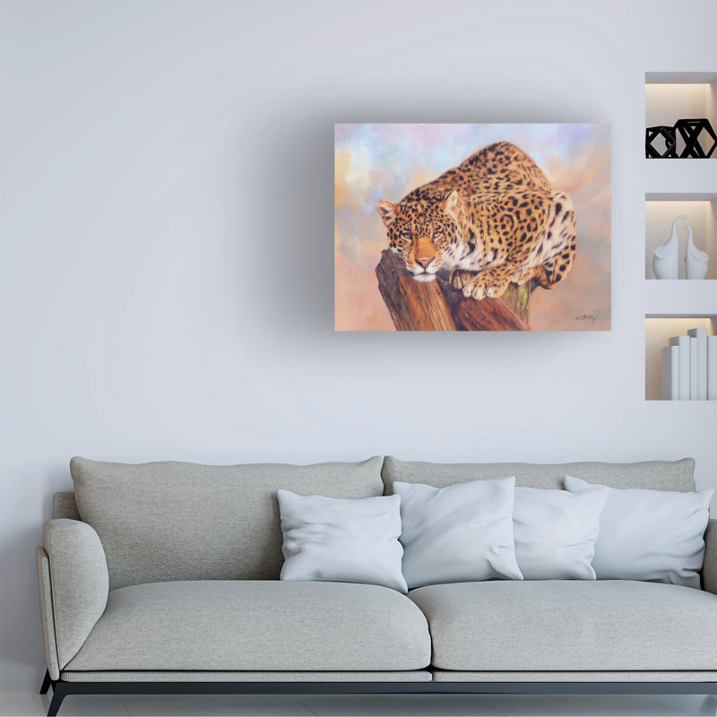 «David Stribble Jaguar On Tree Stump», art sur toile, 35" H x 47" W