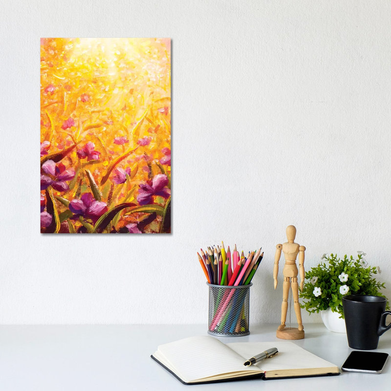 Beautiful Flowers In Sunshine On Yellow Background by Valery Rybakow - Painting on Canvas, 20.32 cm H x 30.48 cm W