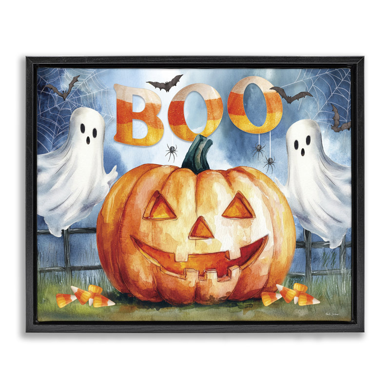 Boo Ghost & Jack-o-Lantern, cadre flottant, conception par Nicole DeCamp, Cadre flottant noir de jais, H 17 po x l 21 po