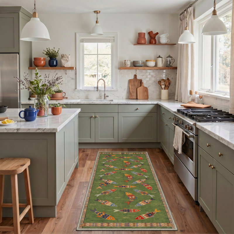 Tapis d'intérieur vert multicolore à motif géométrique et géométrique bohème et tribal fantaisiste, lavable à la machine et antidérapant.