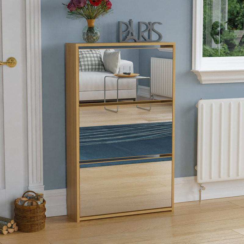 3 Drawer Mirrored Flip Down Shoe Storage Cabinet Free Standing Cabinet For Hallway, Pine