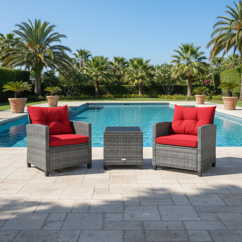 Patiojoy Wicker 2 - Person Patio Conversation Set with Cushions, Red