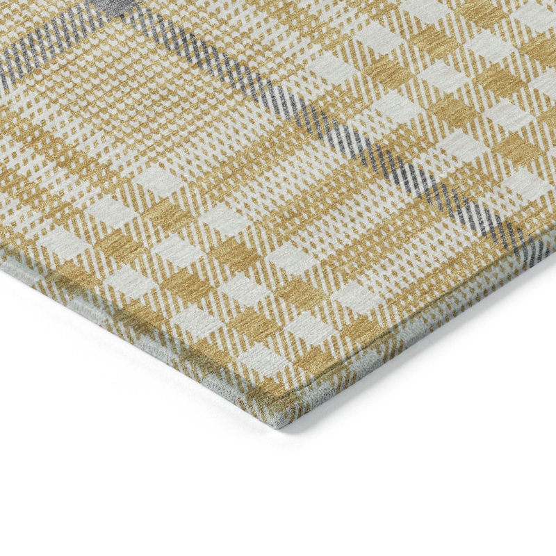 Gold Plaid Pattern Washable Synthetic Indoor/Outdoor Rug
