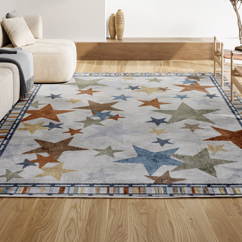 Bergvin Star Gazer Geometric Machine-Washable Ivory/Blue/Orange Rug, Rectangle 3'3" x 4'11"