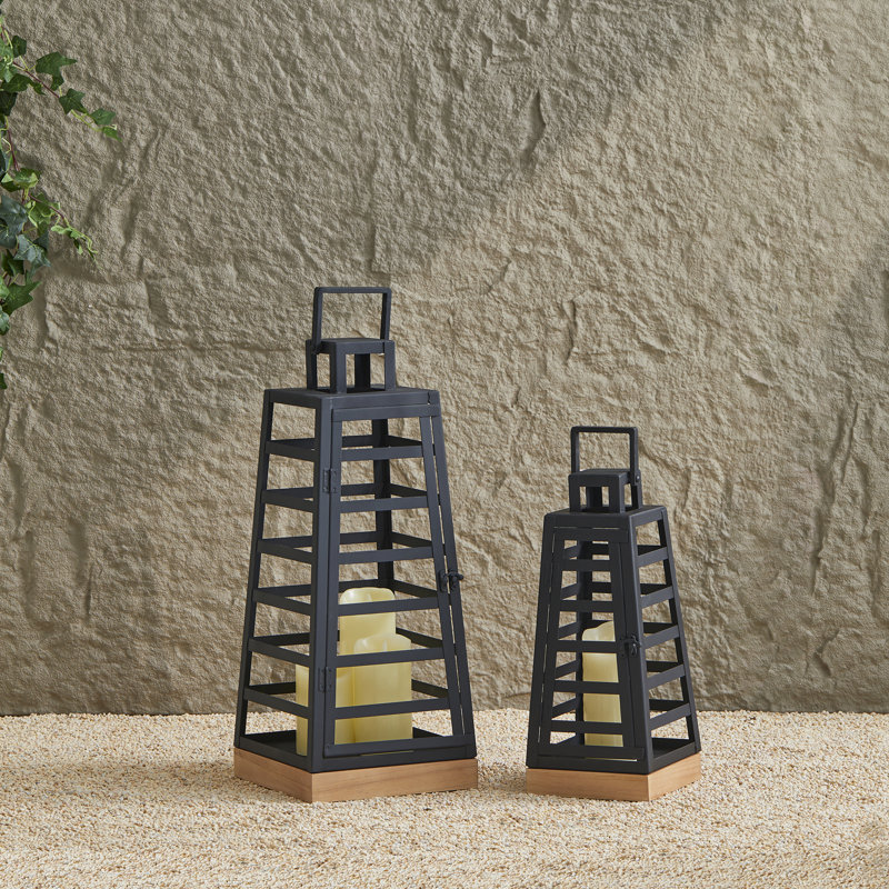 22.75''H Modern Tabletop Trapezoid Metal/Wood Lanterns, Black