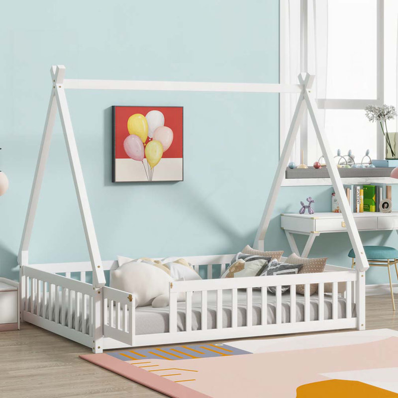 Lit en bois en forme de tente, lit tipi, Blanc, Double