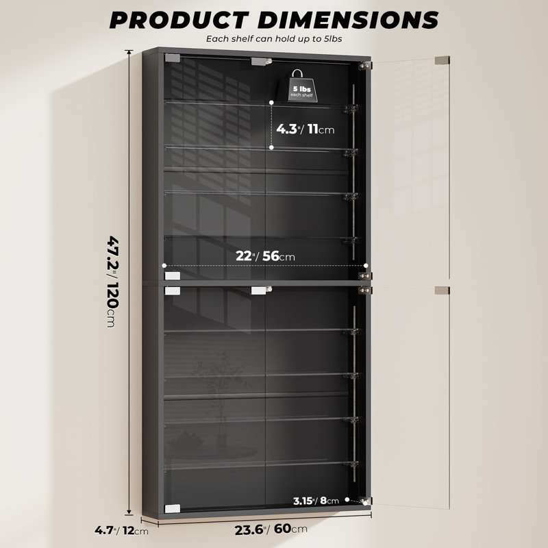 Wall Display Case with Glass Doors, Sports Card Display Case 10-Tier, Adjustable Glass Shelves, Shot Glass Display Case for Collectibles, Display Cabinet for Trading Cards, Black