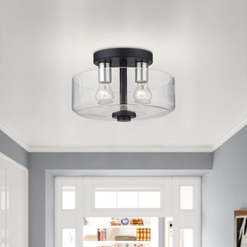2 Light Black Medium Semi-Flush With Mouth Blown Clear Glass And Brushed Nickel Accents, Black
