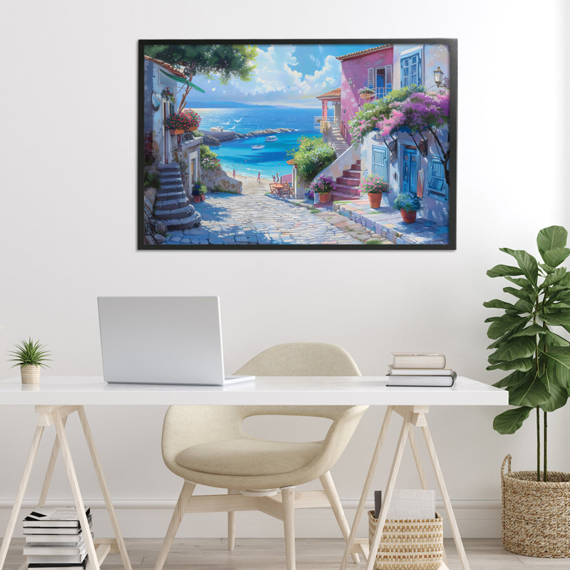 «Dreamy Coastal City Scene», estampe numérique, design par LSR Design Studio, H 20 po x l 30 po, Giclée encadrée noir minuit