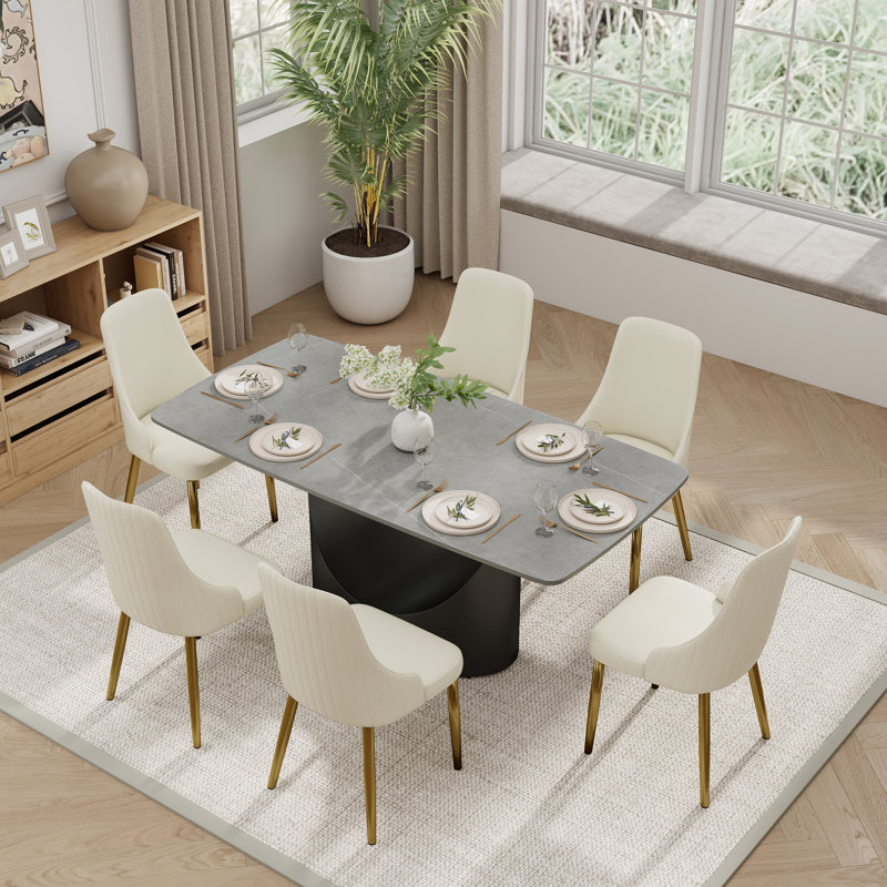 6 - Person Sintered Stone Tabletop Dining Table Set With Upholstered Pu Leather Chairs, Gray, Black
