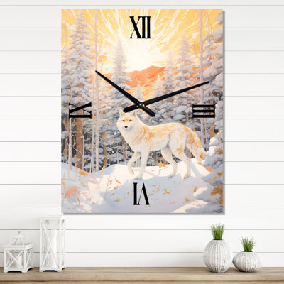 Horloge murale moderne loup blanc sauvage en forêt d'hiver