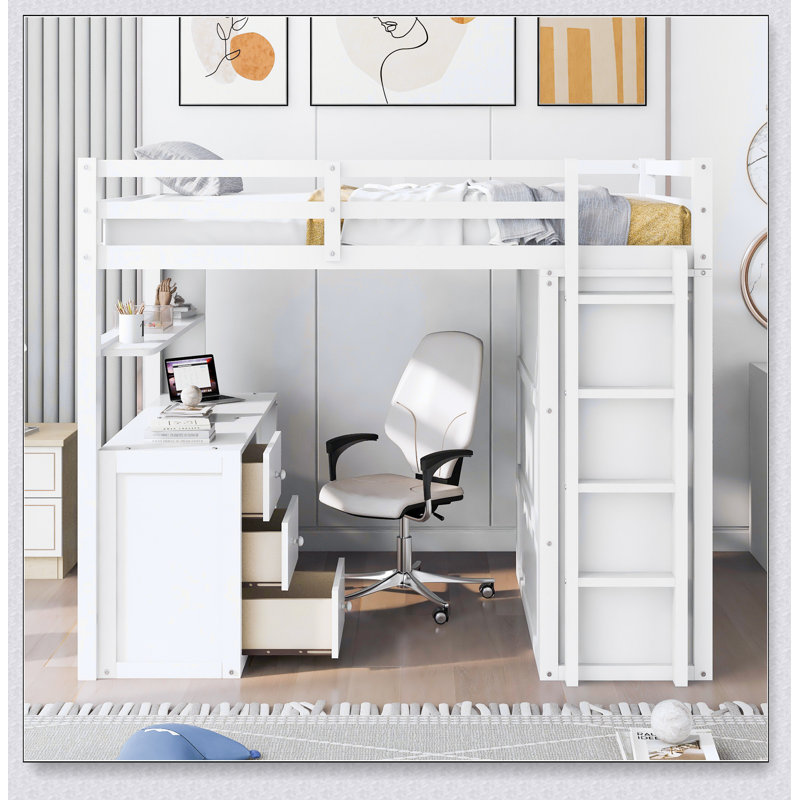 Lit mezzanine avec tiroirs, bureau et garde-robe, Blanc