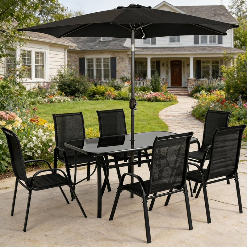 Ensemble de conversation extérieur 8 pièces avec parasol inclinable