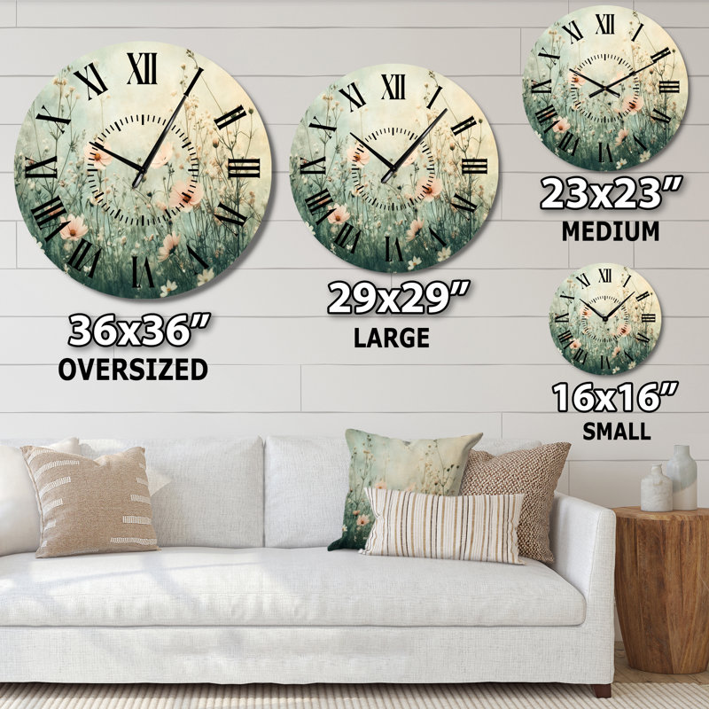Horloge murale silencieuse en métal crème Soft Meadow Bloom - Nature, Surdimensionné