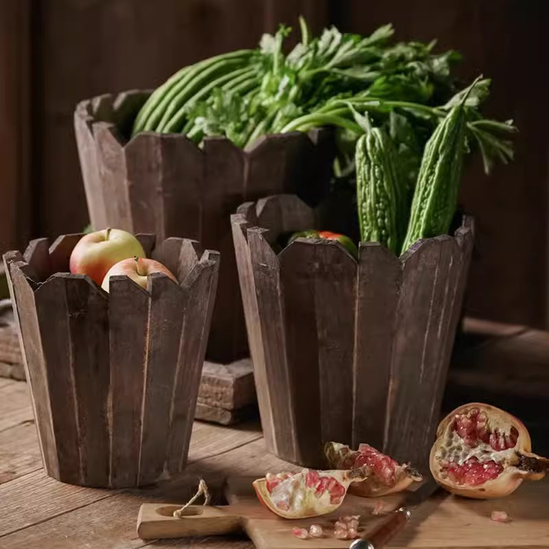 Pot de fleurs en bois massif épissé rond, H 8,27 po x l 5,9 po x P 8,27 po